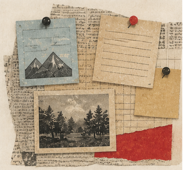 Paper collage bulletin board for Corkboard.info