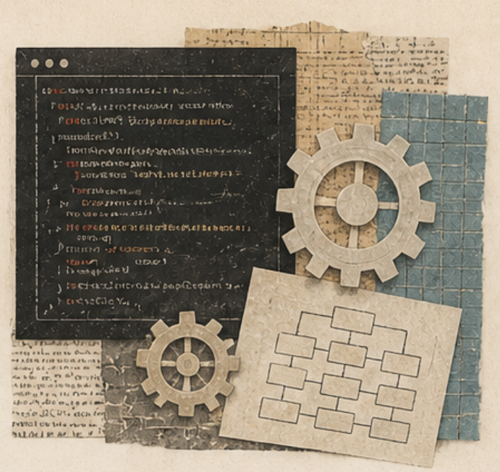 Paper collage with code, gears, and planning diagram for App Discovery Builder
