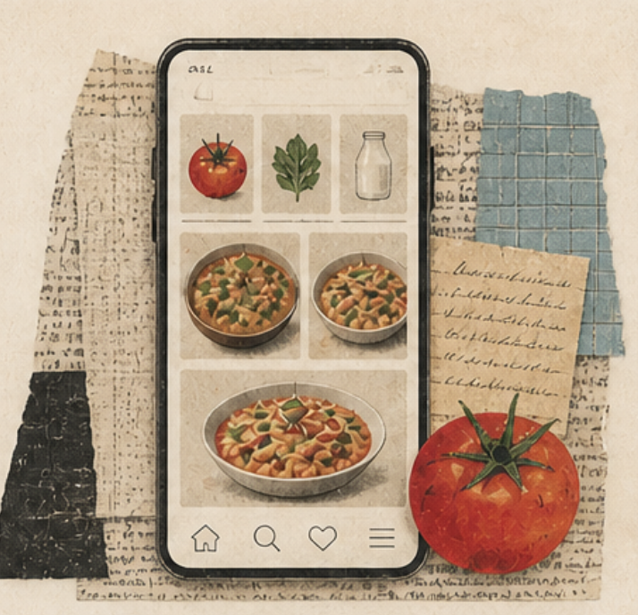 Collage-style phone screen showing ingredients and recipe ideas for AI Fridge App