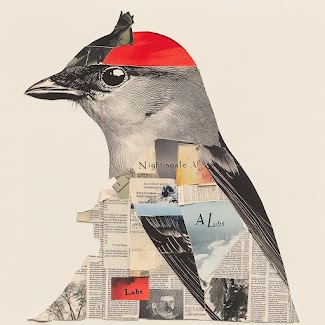 Nightingale AI Labs collage illustration of a bird made from newspaper clippings